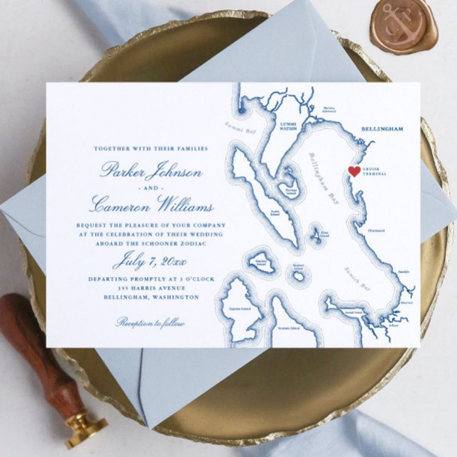 Convite Casamento de Mapa do Schooner Zodiac Bellingham Ba (Elegant Bellingham Washington Schooner Zodiac Wedding Invitation in navy blue by Coastal Map Designs)