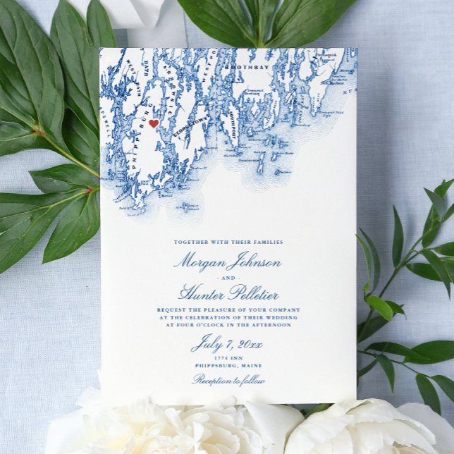 Convite Casamento de Mapa Elegante de Marinhos de Phippsbu (Elegant nautical destination wedding invitation for your wedding at the 1774 Inn in Phippsburg Maine)