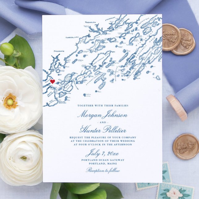 Convite Casamento de Mapa Elegante de Marinhos de Portland (Portland Maine Wedding Invitation with Elegant Navy Blue Casco Bay Map from Coastal Map Designs)