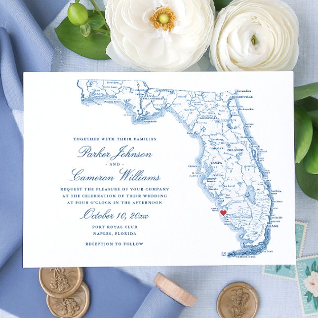 Convite Casamento de Mapa Elegante de Nápoles na Flórida (Elegant navy blue Florida Map Wedding Invitations with heart over Naples by Coastal Map Designs.png)