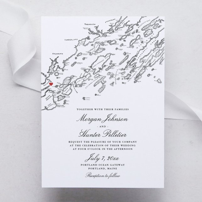 Convite Casamento de Mapa Negro e Branco de Portland Maine (Portland Maine Elegant Black and White Map wedding invitations)