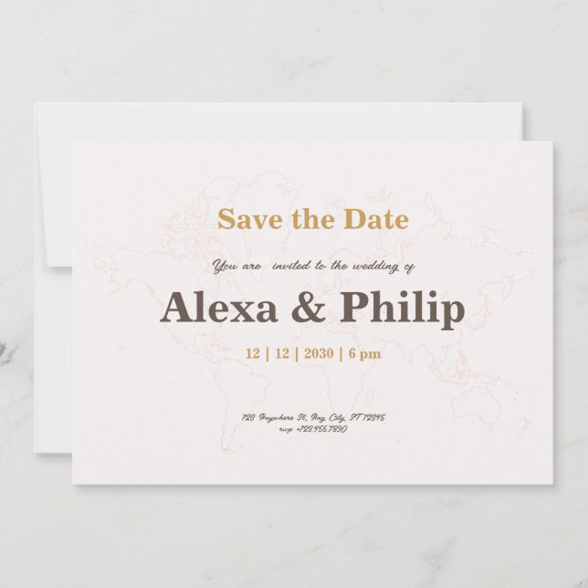 Convite Casamento de Mapa Rosa e Dourado (Frente)