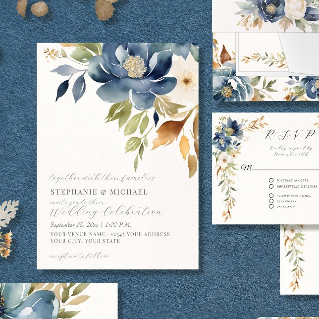 Convite Casamento de Marfim Azul Floral Moderno com Queda  (Criador carregado)