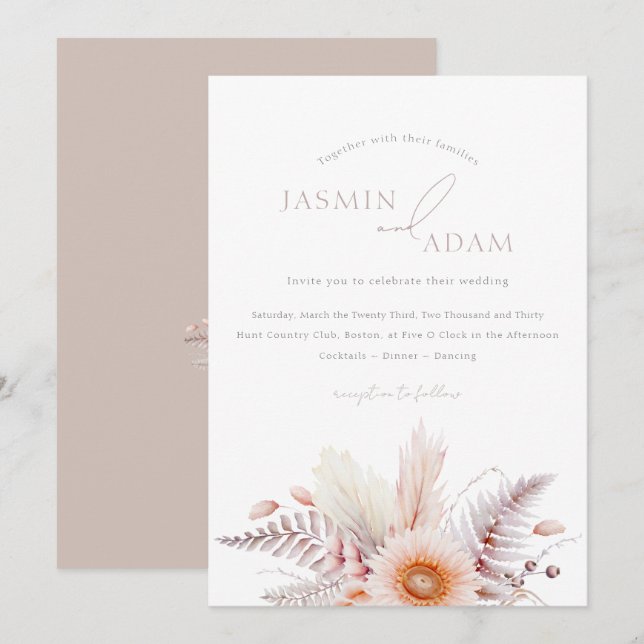 Convite Casamento de Margarida Boho Blush Pampas (Frente/Verso)