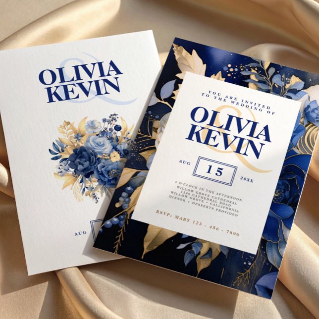 Convite Casamento de marinho azul e dourado com flor de aq (Floral Navy Blue & Gold Watercolor Elegant Wedding Invitation, Save The Date, Watercolor Floral)