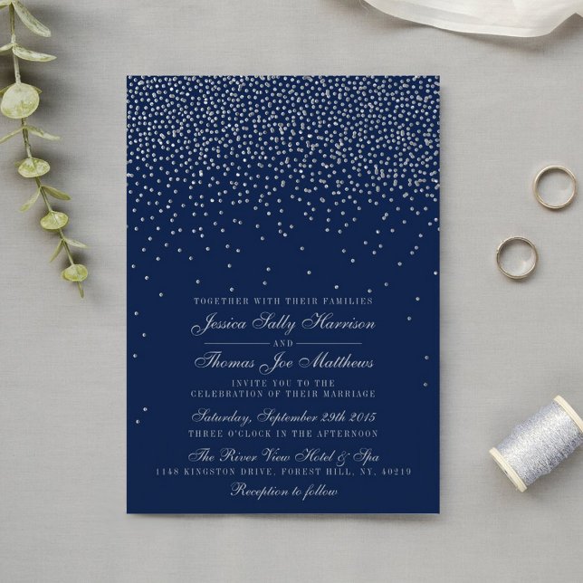Convite Casamento de marinho Azul e Prata Glam Confetti (Criador carregado)