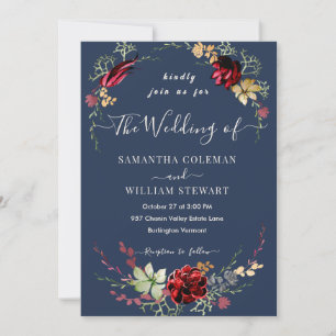 Convite Casamento de Marinho Azul Rustic Boho Wildflower