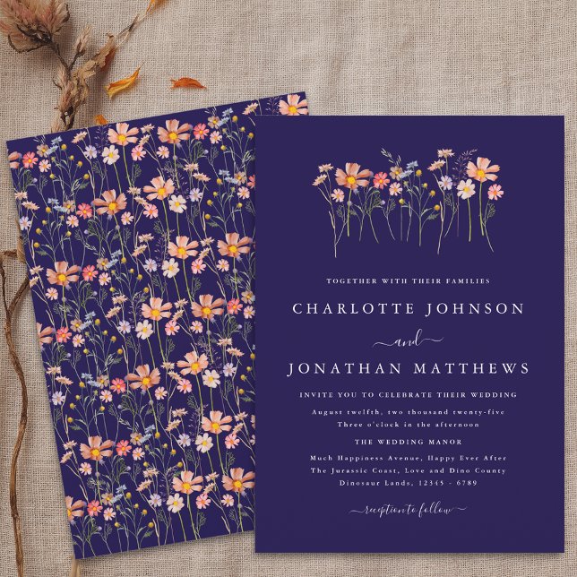 Convite Casamento de marinho Azul Terracotta Boho Fall Wil (Boho fall Wildflower floral navy blue terracotta blush pink orange Wedding invitation)