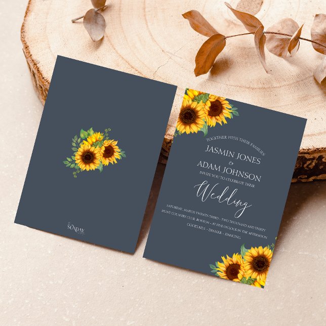 Convite Casamento de marinho Blue Sunflower Boho (Rustic Yellow and Navy Blue Sunflower Boho Wedding Invitation)