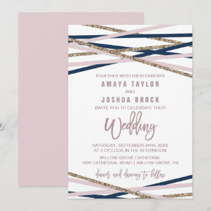 Convite Casamento de marinho Blush e Streamers Dourados