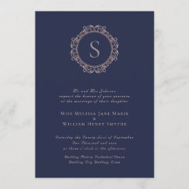 Convite Casamento de Marinho de Blush Monograma Elegante