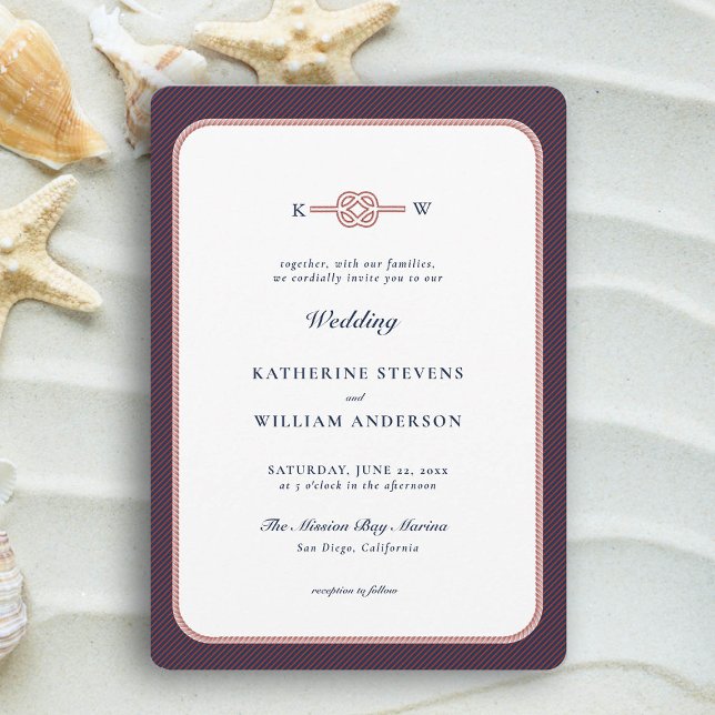 Convite Casamento de Marinho de Borgonha Elegante com Nó d (simple beach wedding invitation nautical rope infinity knot navy burgundy modern classic traditional)
