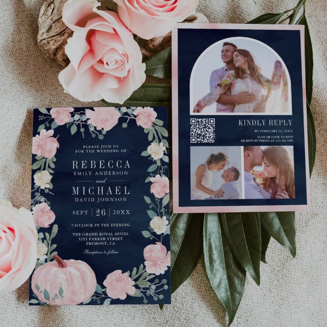 Convite Casamento de Marinho de Código QR da Pumpkin Flora (Criador carregado)