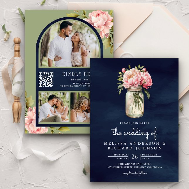 Convite Casamento de Marinho de Código QR de Mason Jar, Pe (Criador carregado)