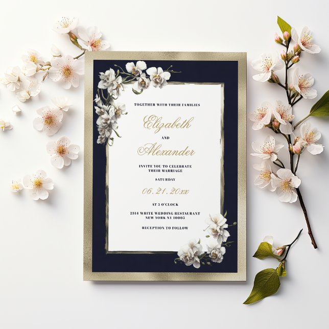Convite Casamento de marinho de ouro azul-orquídea branca- (Luxury gold navy blue white orchid flower wedding )