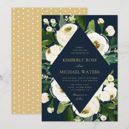 Convite Casamento de marinho de quadro floral branco de ma