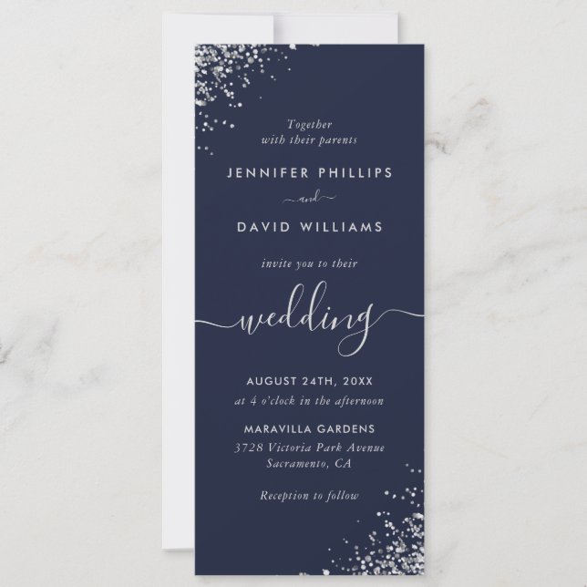 Convite Casamento de Marinho de Script Elegante Blue Silve (Frente)