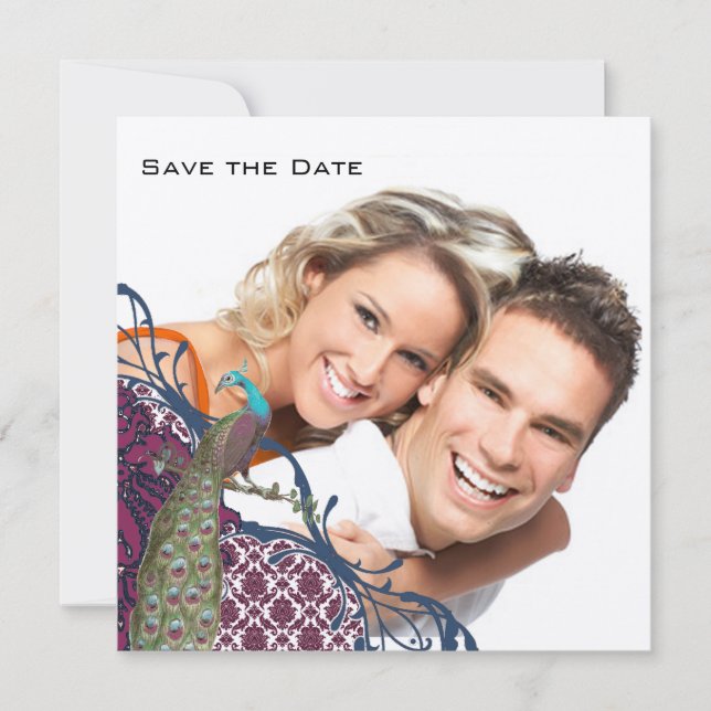 Convite Casamento de Marinho e Berry Berry Damask Elegante (Frente)