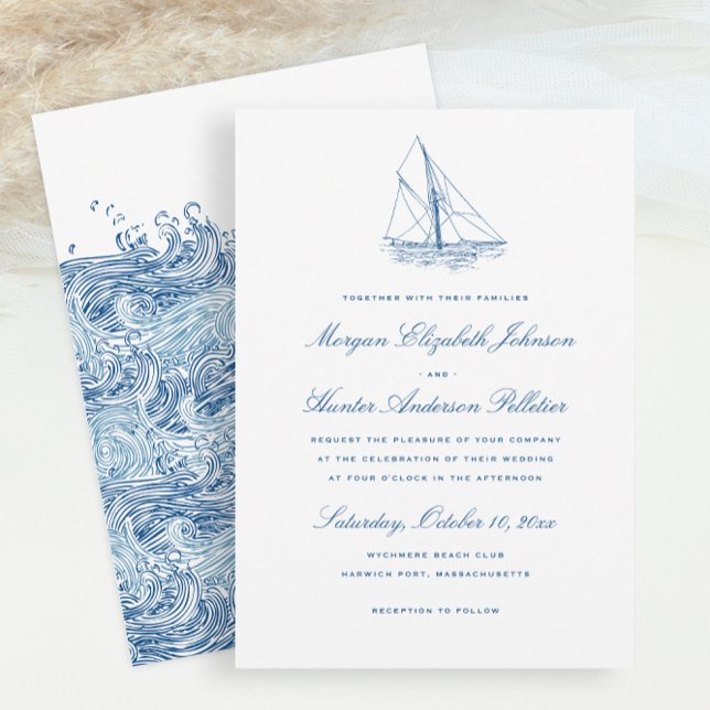 Convite Casamento de Marinho Elegante em veleiro e ondas (Sailboat and Waves Wedding Invitation for an Elegant Navy Blue Yacht Club or Schooner Wedding)