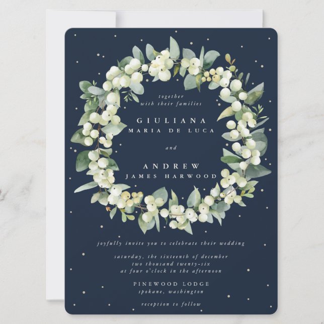 Convite Casamento de Marinho Grande Snowberry+Eucalyptus W (Frente)