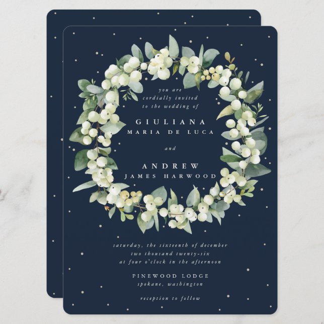 Convite Casamento de Marinho Grande Snowberry+Eucalyptus W (Frente/Verso)