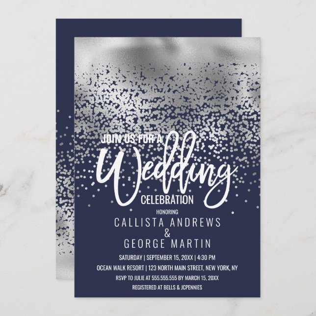 Convite Casamento de Marinho Moderno de Silver Foil Confet (Frente/Verso)