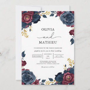 Convite Casamento de Marinho Moody Floral Burgundy