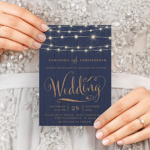 Convite Casamento de Marinho Russo Blue Wood & String Ligh