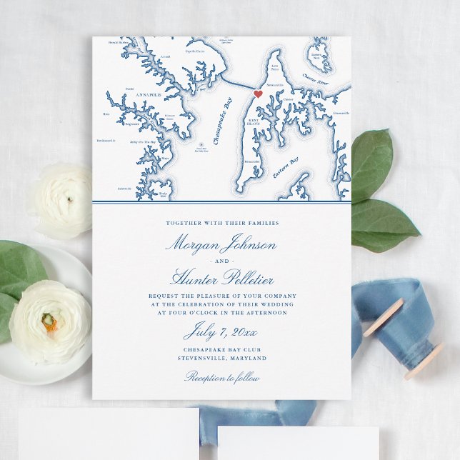 Convite Casamento de Marinhos Elegante do Clube de Praia d (Chesapeake Bay Beach Club Wedding Invitation with Elegant Navy Blue Stevensville Maryland Map )