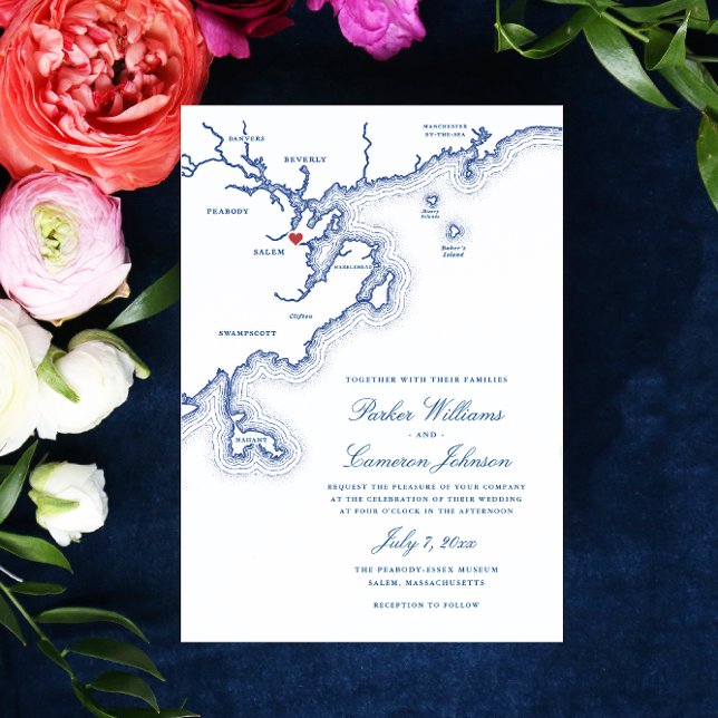 Convite Casamento de Marinhos Elegante do Mapa de Beira No (Salem MA Map Wedding invitation in elegant navy blue for a Peabody Essex Museum wedding)