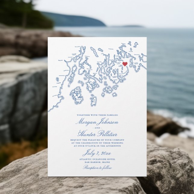 Convite Casamento de Marinhos Elegante do Mapa do Porto ba (Bar Harbor Maine Map Wedding Invitation in elegant navy blue by Penobscot Bay Shop)