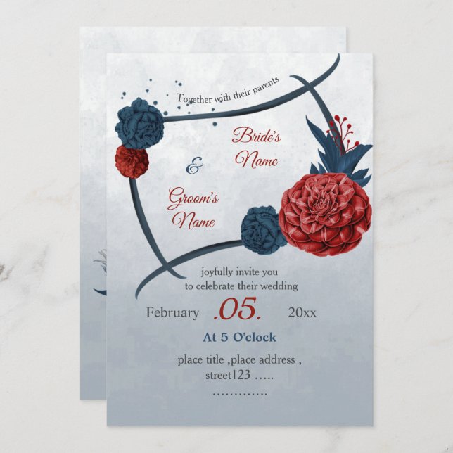 Convite casamento de marinhos românticos e flores burgundy (Frente/Verso)