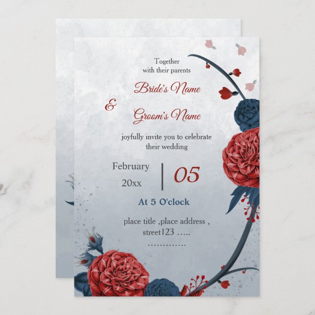 Convite casamento de marinhos românticos e flores burgundy (Frente/Verso)