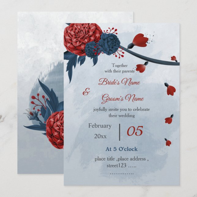 Convite casamento de marinhos românticos e flores burgundy (Frente/Verso)