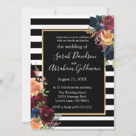 Convite Casamento de Marinhos vermelhos Flores e Stripes B