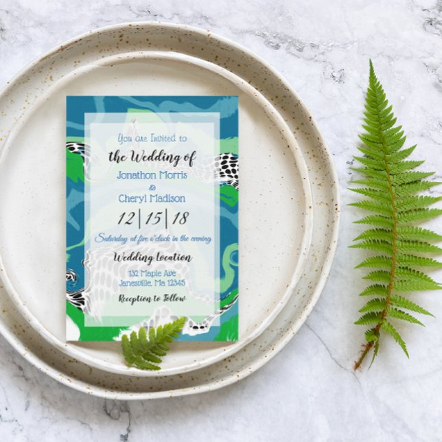 Convite Casamento de mármore azul, preto verde e branco (Criador carregado)
