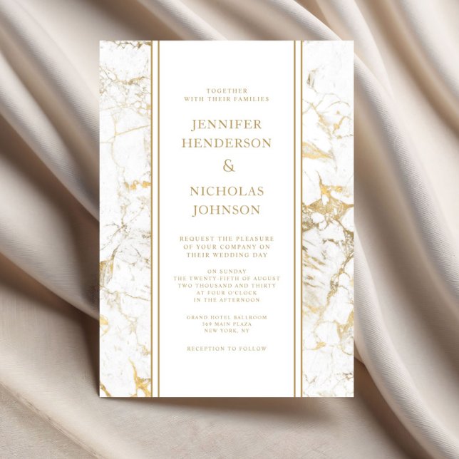 Convite Casamento de Mármore Branco e Dourado Elegante (Elegant White & Gold Marble Wedding Invitation)