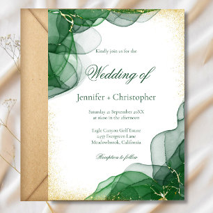 Convite Casamento de Mármore Branco Esmeralda Verde Dourad