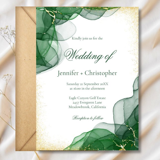 Convite Casamento de Mármore Branco Esmeralda Verde Dourad (White Emerald Green Gold Marble Wedding Invitation)