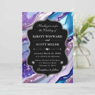 Convite Casamento de Mármore Brilhante Azul Roxo Elegante