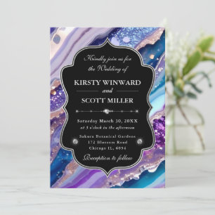 Convite Casamento de Mármore Brilhante Azul Roxo Elegante