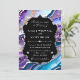 Convite Casamento de Mármore Brilhante Azul Roxo Elegante