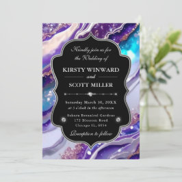 Convite Casamento de Mármore Brilhante Azul Roxo Elegante
