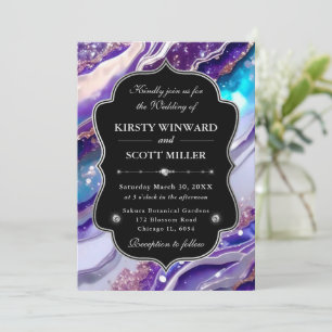 Convite Casamento de Mármore Brilhante Azul Roxo Elegante