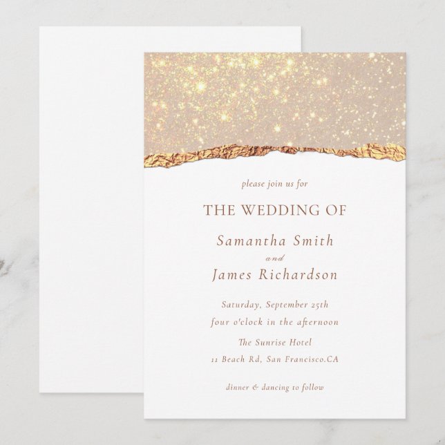Convite Casamento de Mármore Brilho Dourado Branco  (Frente/Verso)