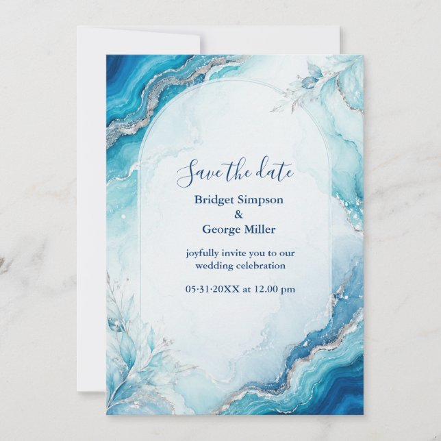 Convite Casamento de mármore Coastal Aqua Agate Luxe (Frente)