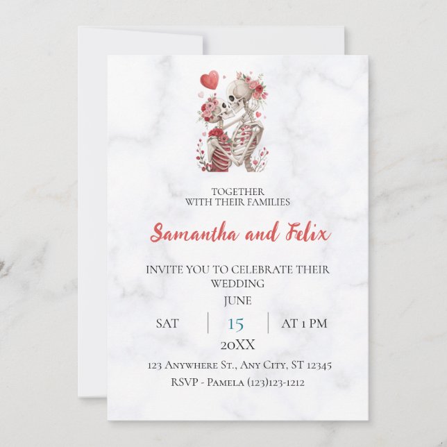 Convite Casamento de Mármore com Esqueleto Floral (Frente)