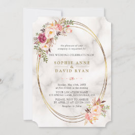Convite Casamento de mármore com flores rosa, cor d'água d