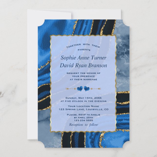 Convite Casamento de Mármore Dourado Ágata Azul-Marinho Ún (Frente)
