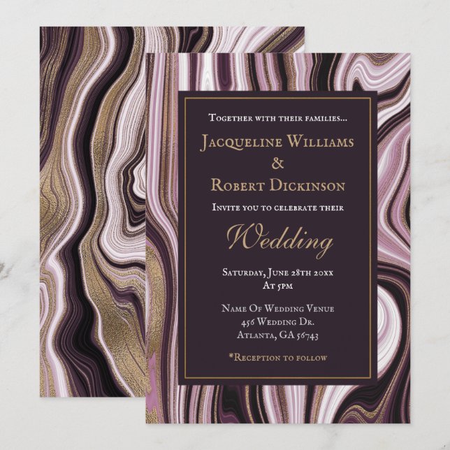 Convite Casamento de Mármore Dourado e Roxo Elegante (Frente/Verso)